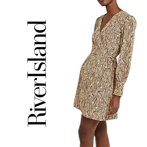 River Island Dresses & Skirts - NWT, River Island, Zebra‎ Print Long Sleeve Faux Wrap Dress, Tan, Brown